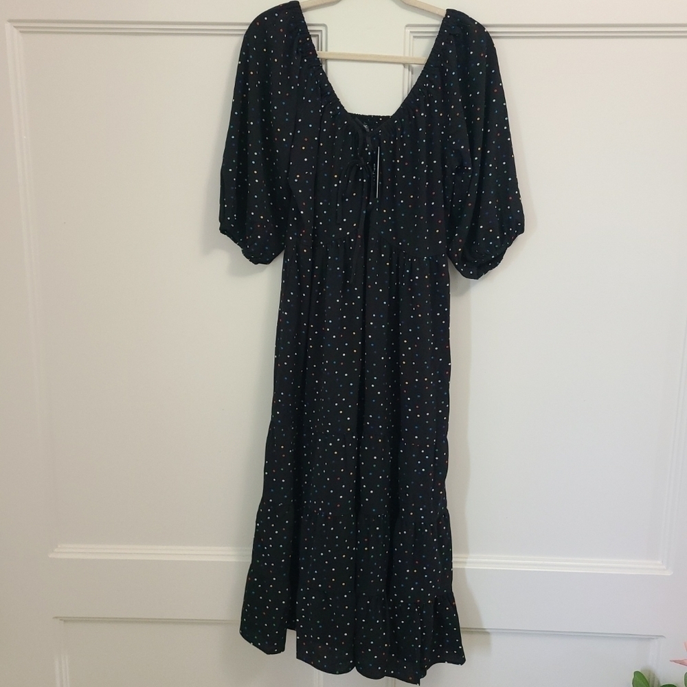 City Chic Maxi Emma Black Polka Dot Dress Balloon Sleeve Boho Flowing Sz XS/14